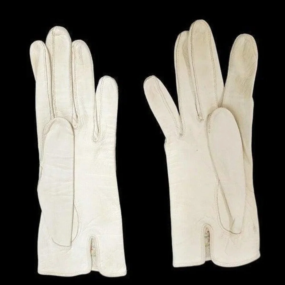 Vintage 50s Trimingham's White Real Kid Leather Floral Embroidered Gloves Womens